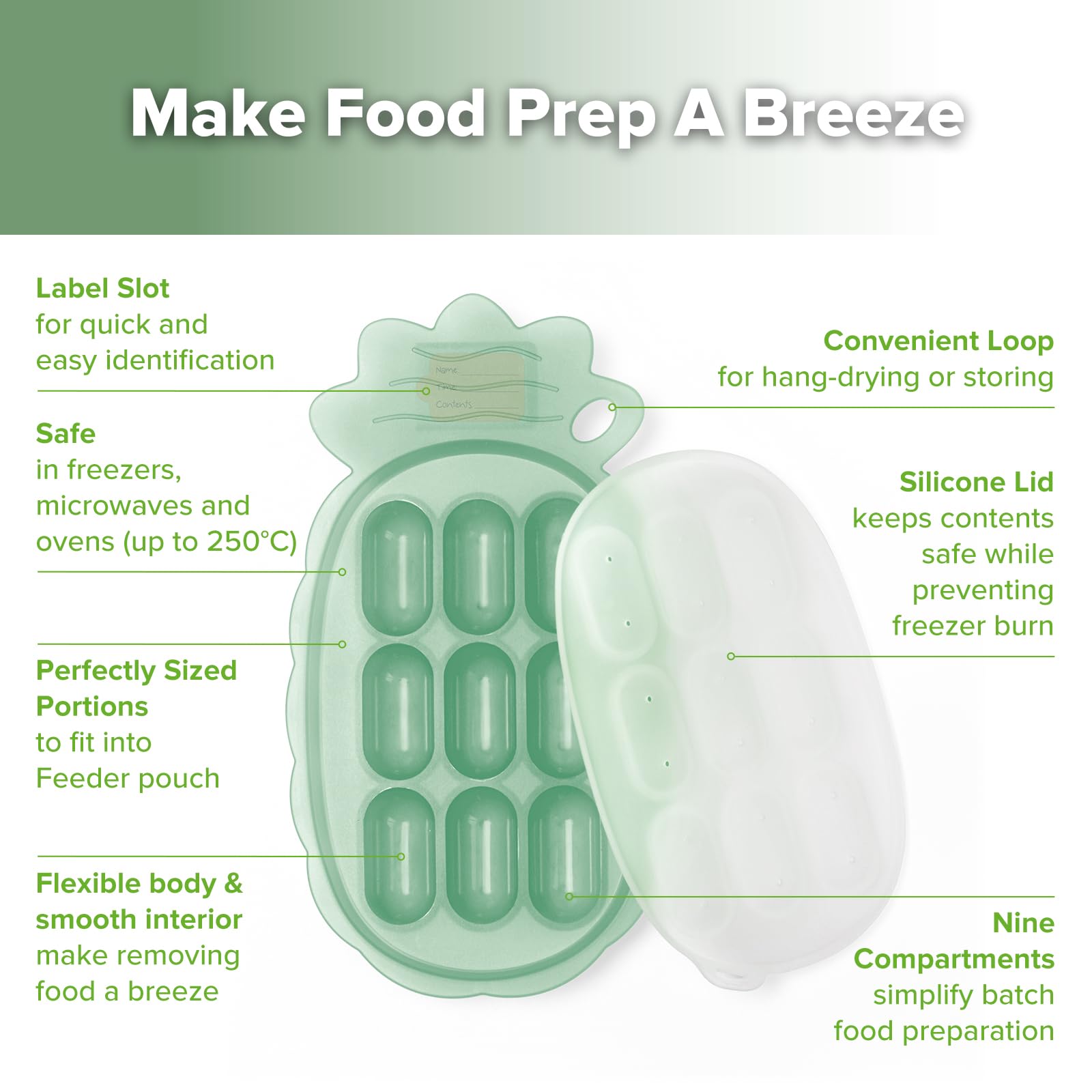 Haakaa Nibble Freezer Tray lid and label slot aid quick portioning and storage.