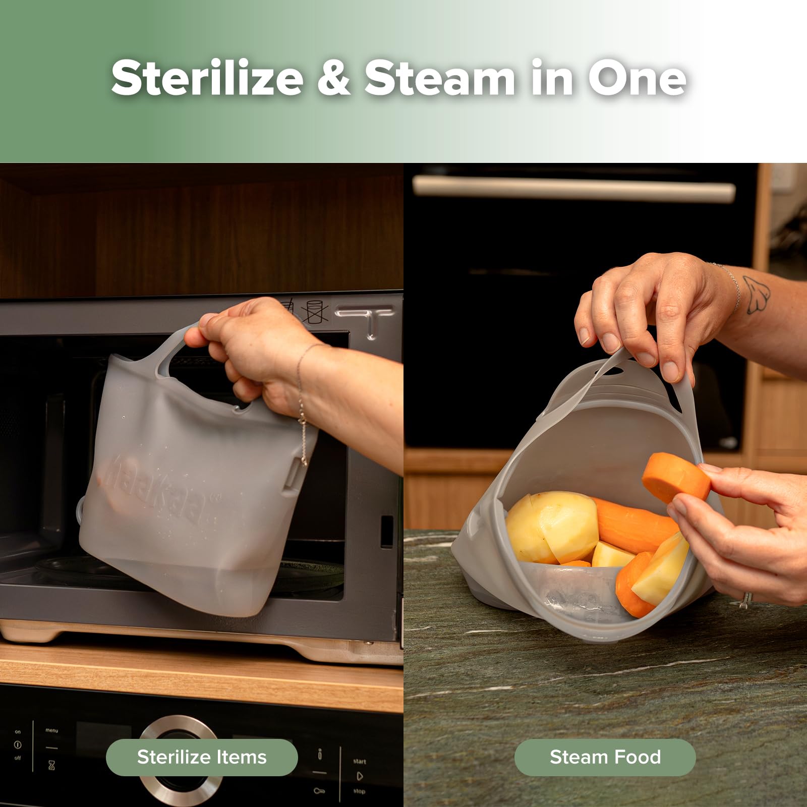 Haakaa On-The-Go steam bag with bottles and pump parts ready for steaming