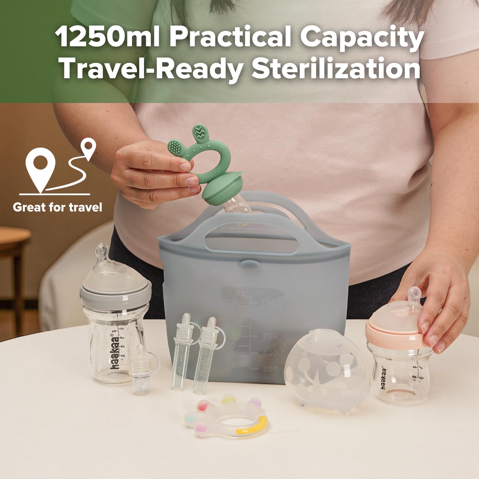 Haakaa On-The-Go steam bag top-handle design for safe microwave removal