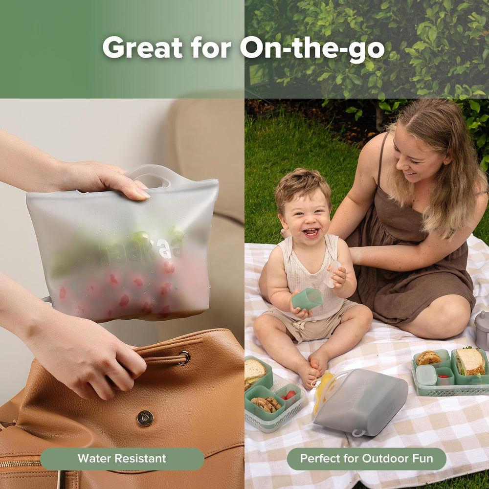 Haakaa On-The-Go steamer bag showing dishwasher-safe feature