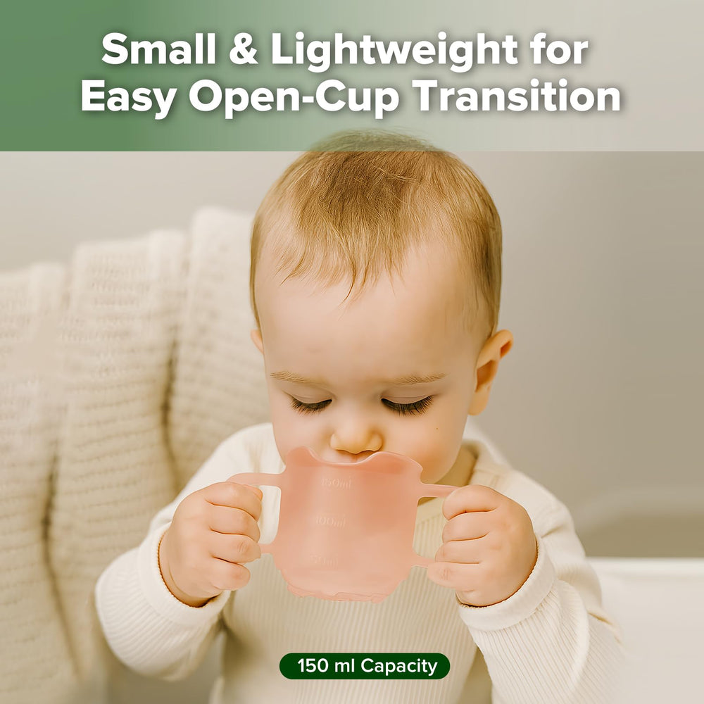 Haakaa open cup featuring nose-cutout supports drinking without tilting the head.