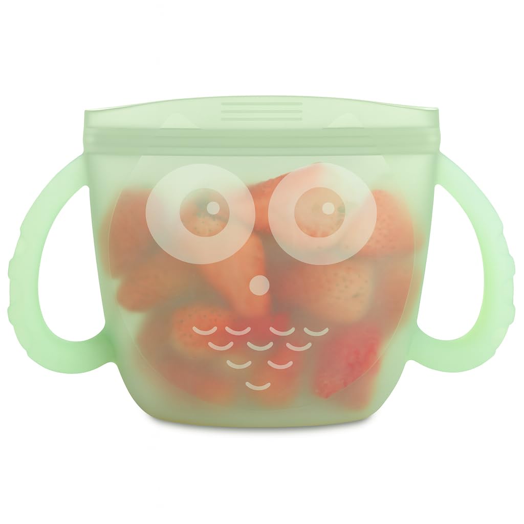 Haakaa Oscar Owl snack container top view shows compact, portable design for travel