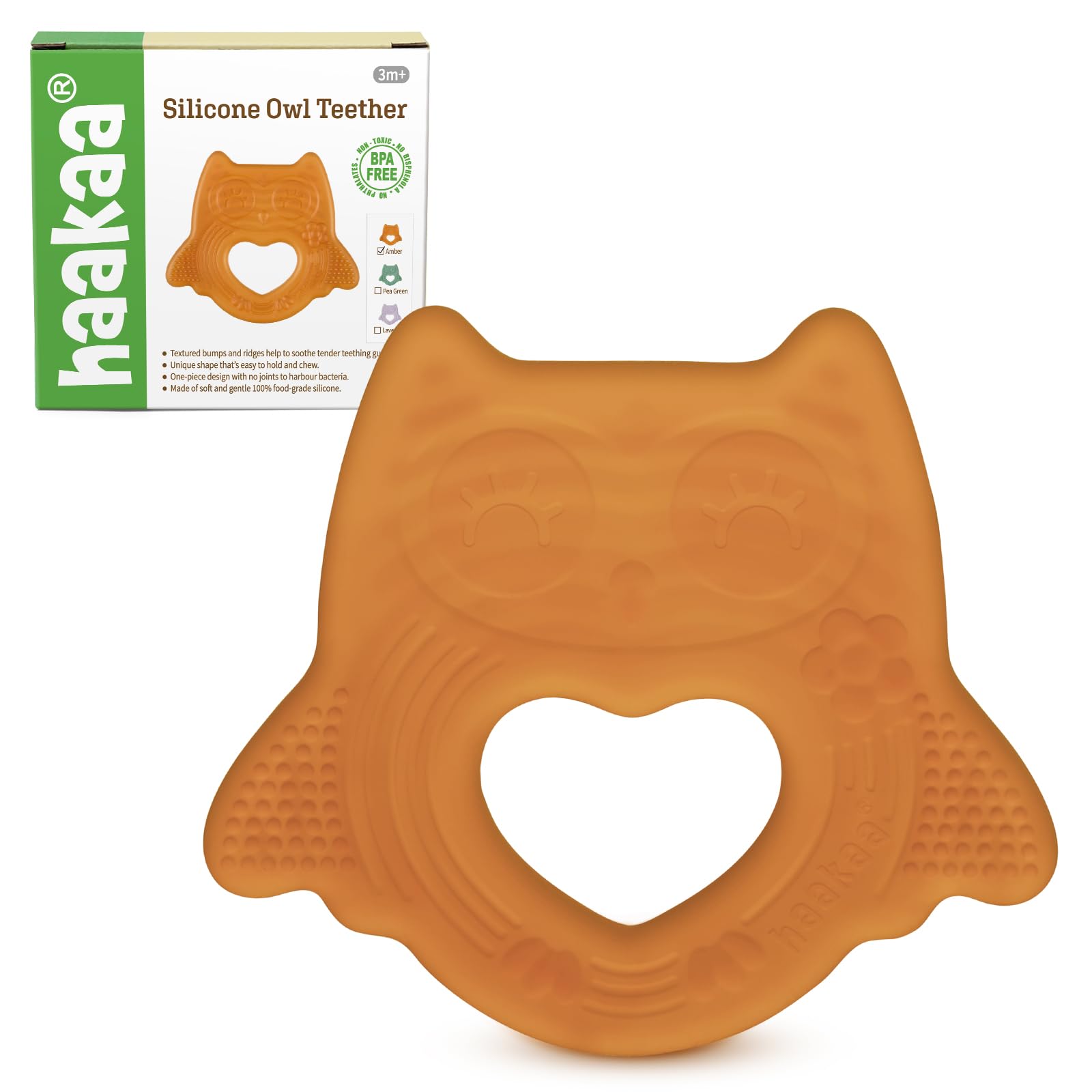 haakaa owl teether close-up showing soft textured silicone for gum massage