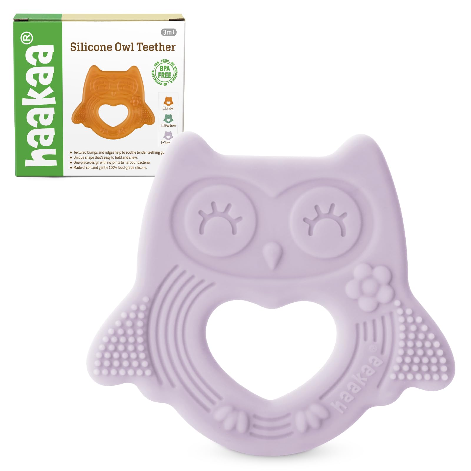 haakaa owl teether front view shows safe silicone chew for soothing gums.