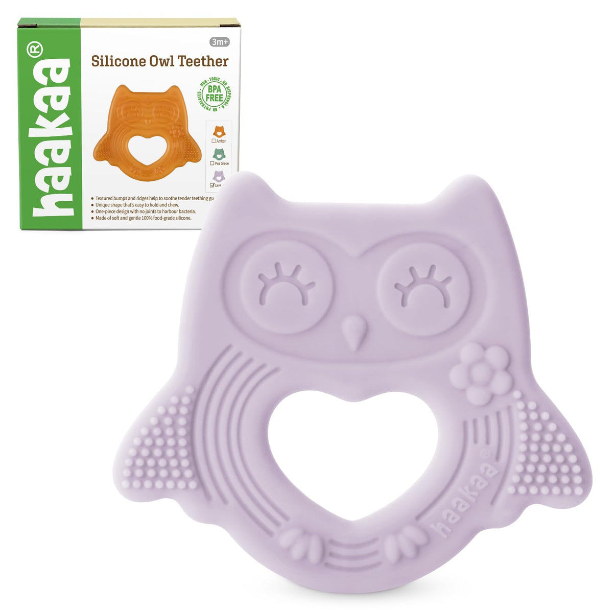 haakaa owl teether front view shows safe silicone chew for soothing gums.