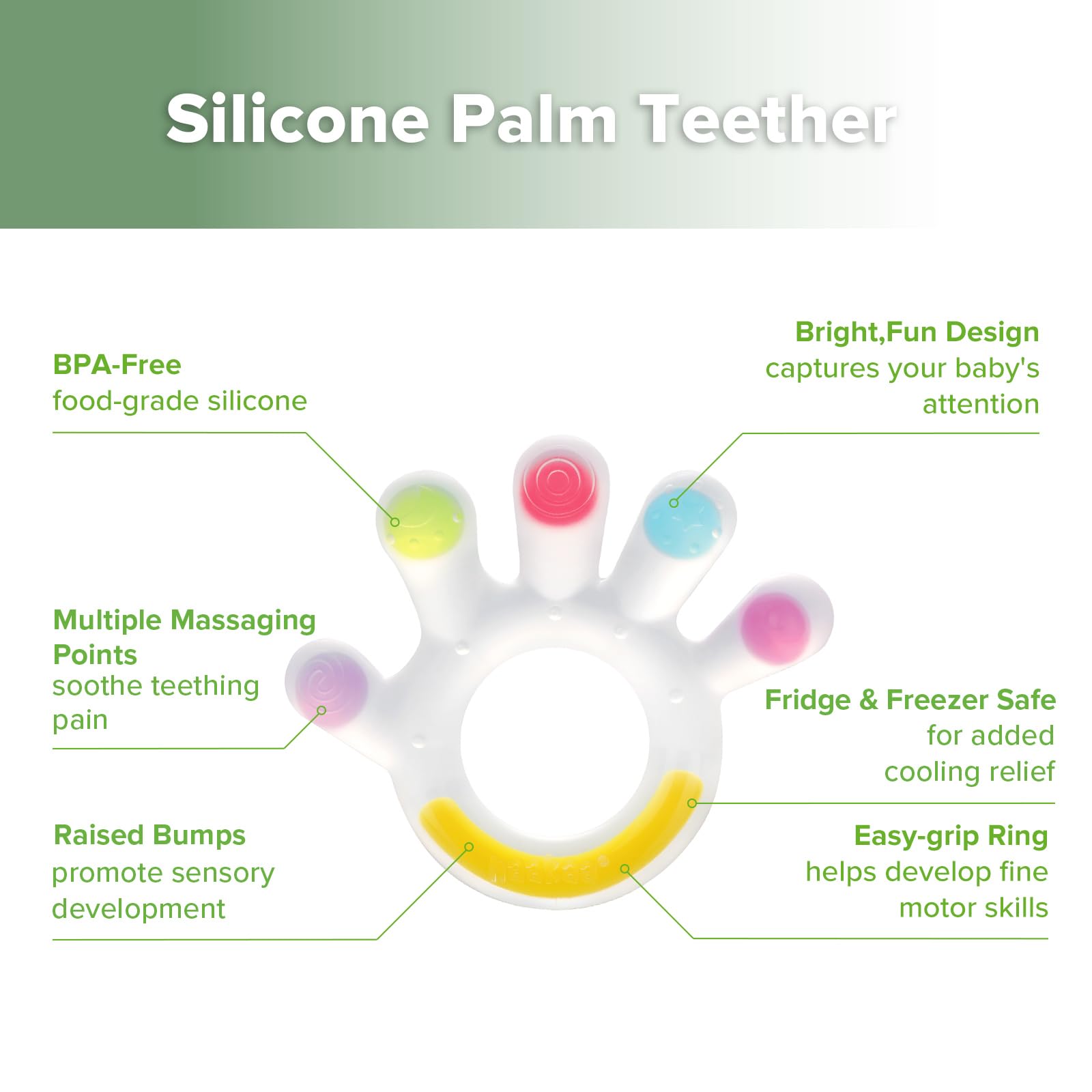 Haakaa Palm Teether baby-hands-use shot highlighting color-stimulating design for sensory development.