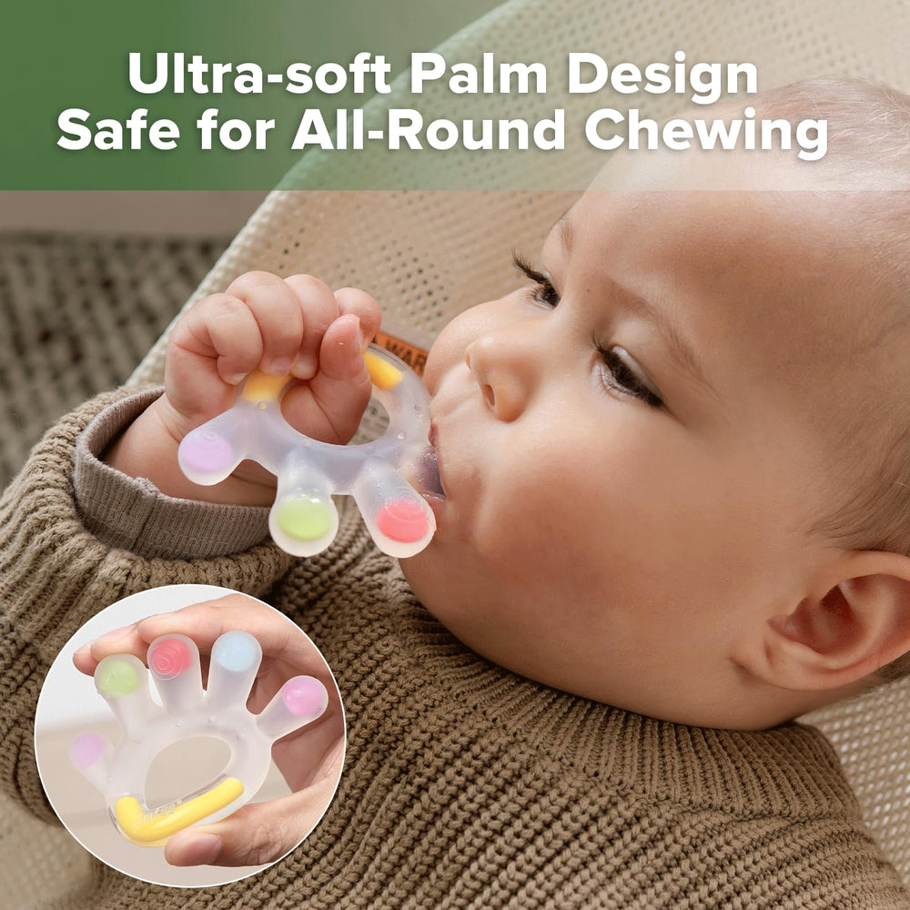 Haakaa Palm Teether raised ridges closeup illustrating massaging gums during teething.