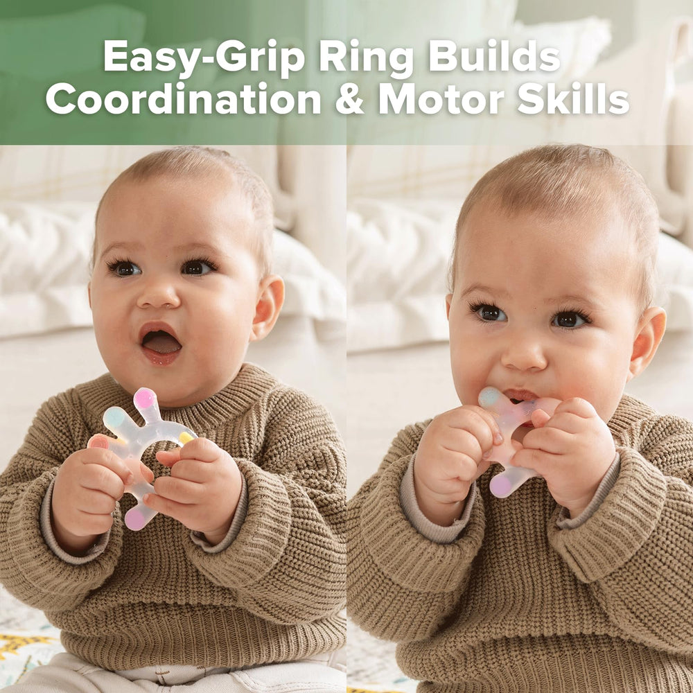 Haakaa Palm Teether vibrant-colors view showcasing easy cleaning with a one-piece design.