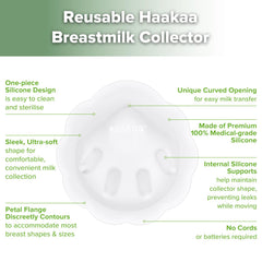 haakaa Petal Soft Milk Collector highlights gentle nipple protection with a soft curved edge