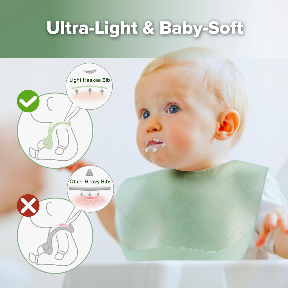 Haakaa pocket bib with crumb catcher catching crumbs during feeds