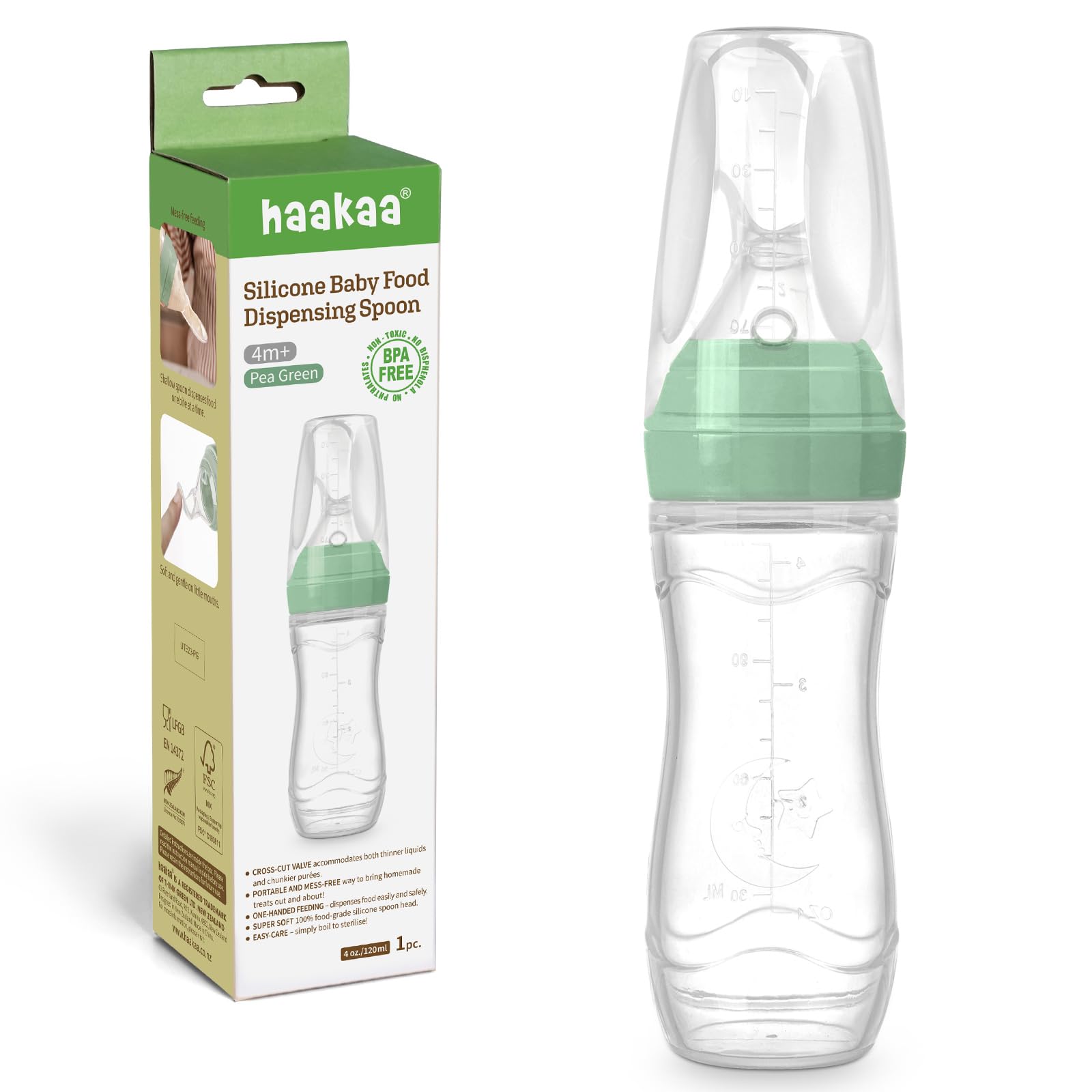 Haakaa silicone feeder in pea green for mess-free meals on the go