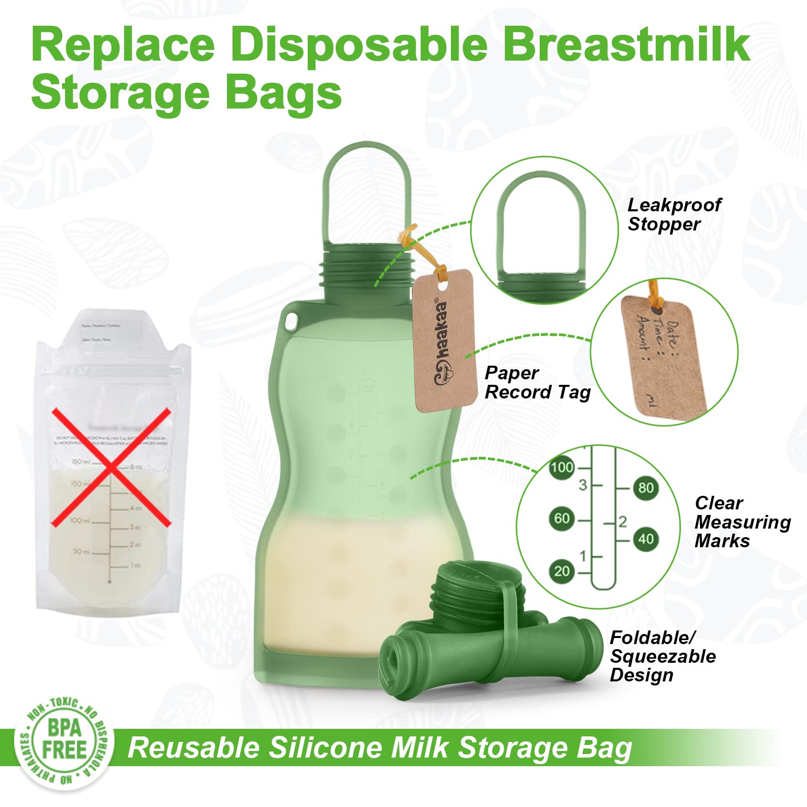 haakaa silicone breast milk storage bag 9oz fridge-safe and neatly organized