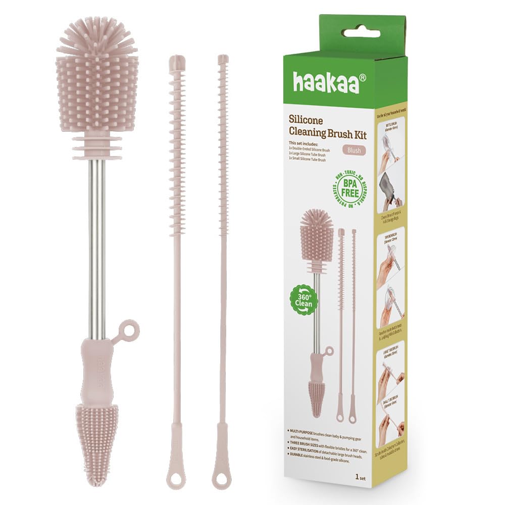 Haakaa silicone cleaning brush kit dual-ended bottle brush thoroughly cleans bottles and pumps.