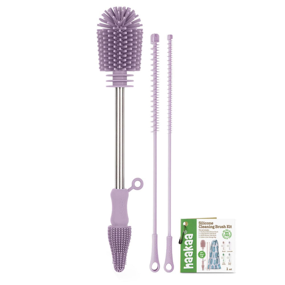 haakaa silicone cleaning brush kit packaging showcases lavender three-piece set for easy cleaning