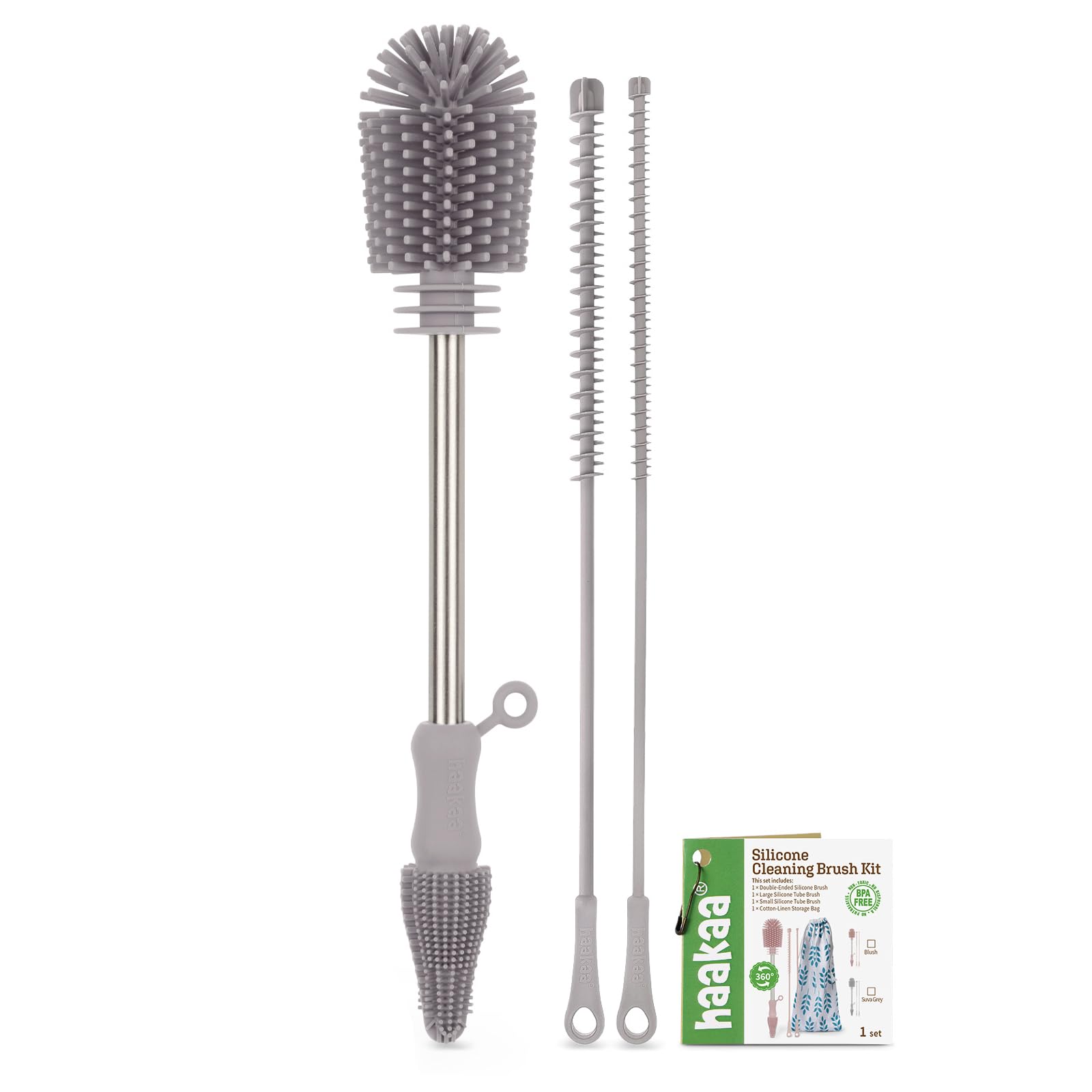 haakaa Silicone Cleaning Brush Kit Suva Grey bottle brush for thorough baby bottle cleaning