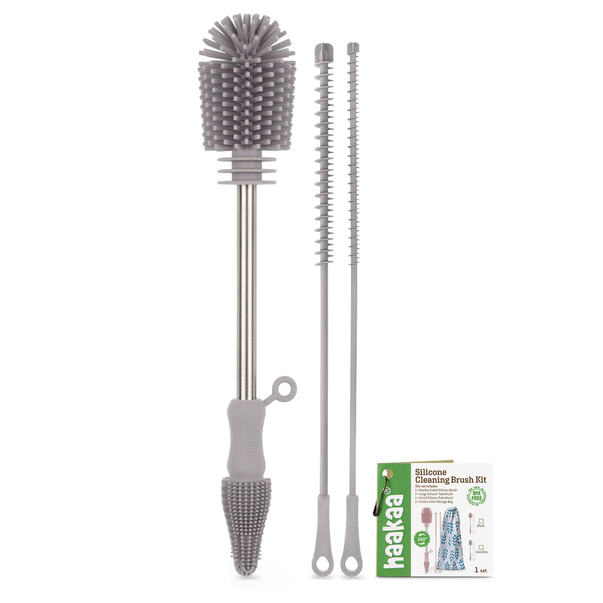 haakaa Silicone Cleaning Brush Kit Suva Grey bottle brush for thorough baby bottle cleaning