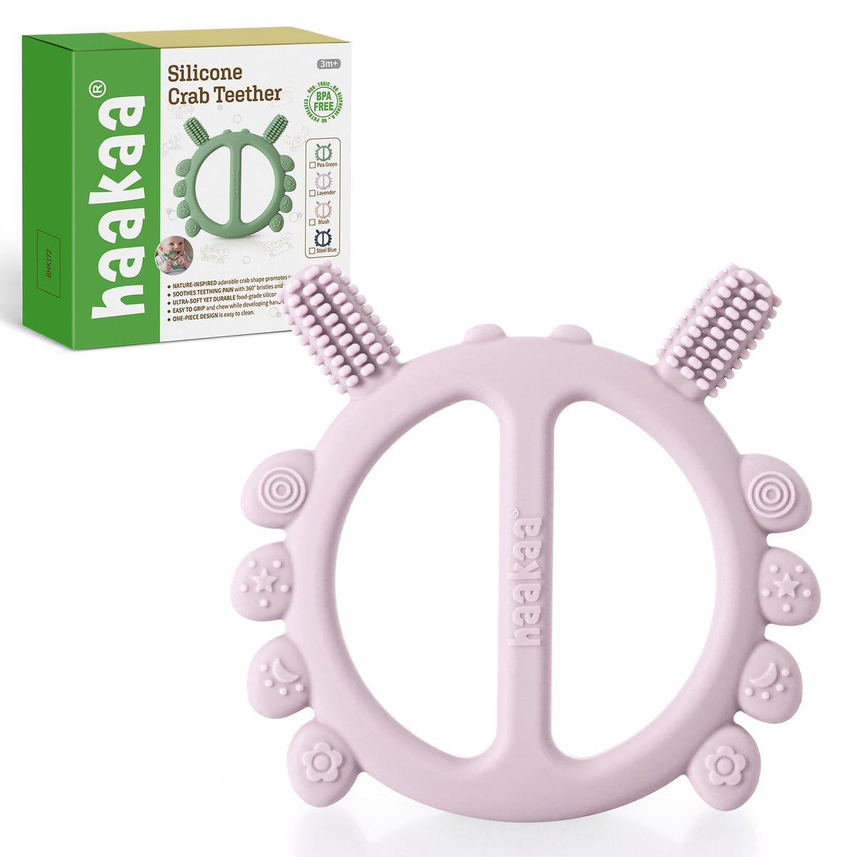 Haakaa silicone crab teether – front view, soothing gums with varied textures for comfort