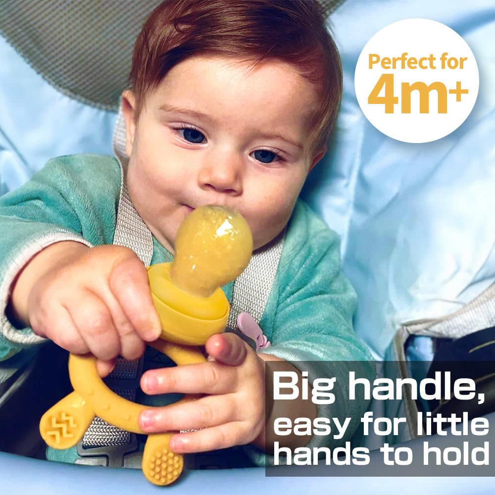 Haakaa silicone feeder with bunny-textured top in sky blue relieves sore gums.