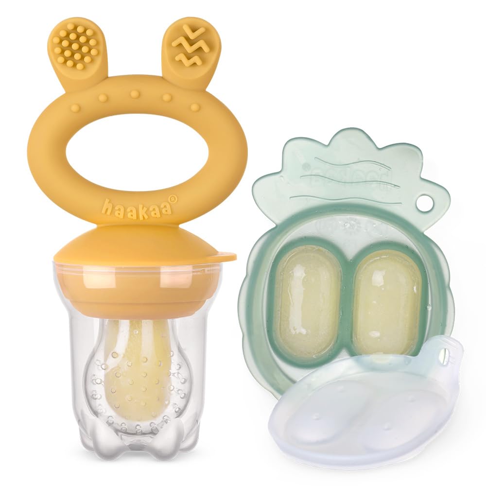 Haakaa silicone food feeder pouch close-up highlighting gentle, safe choking-limited bites.