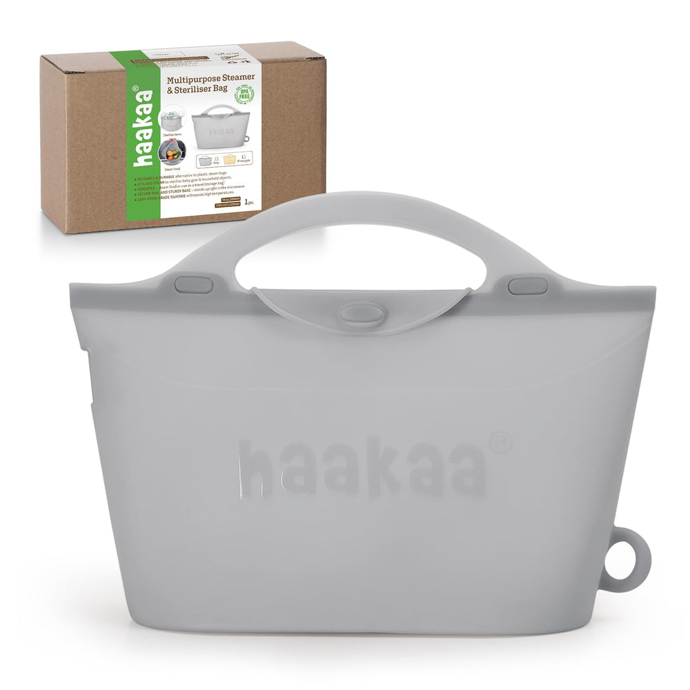 Haakaa silicone microwave steamer bag closed for compact storage and quick use.