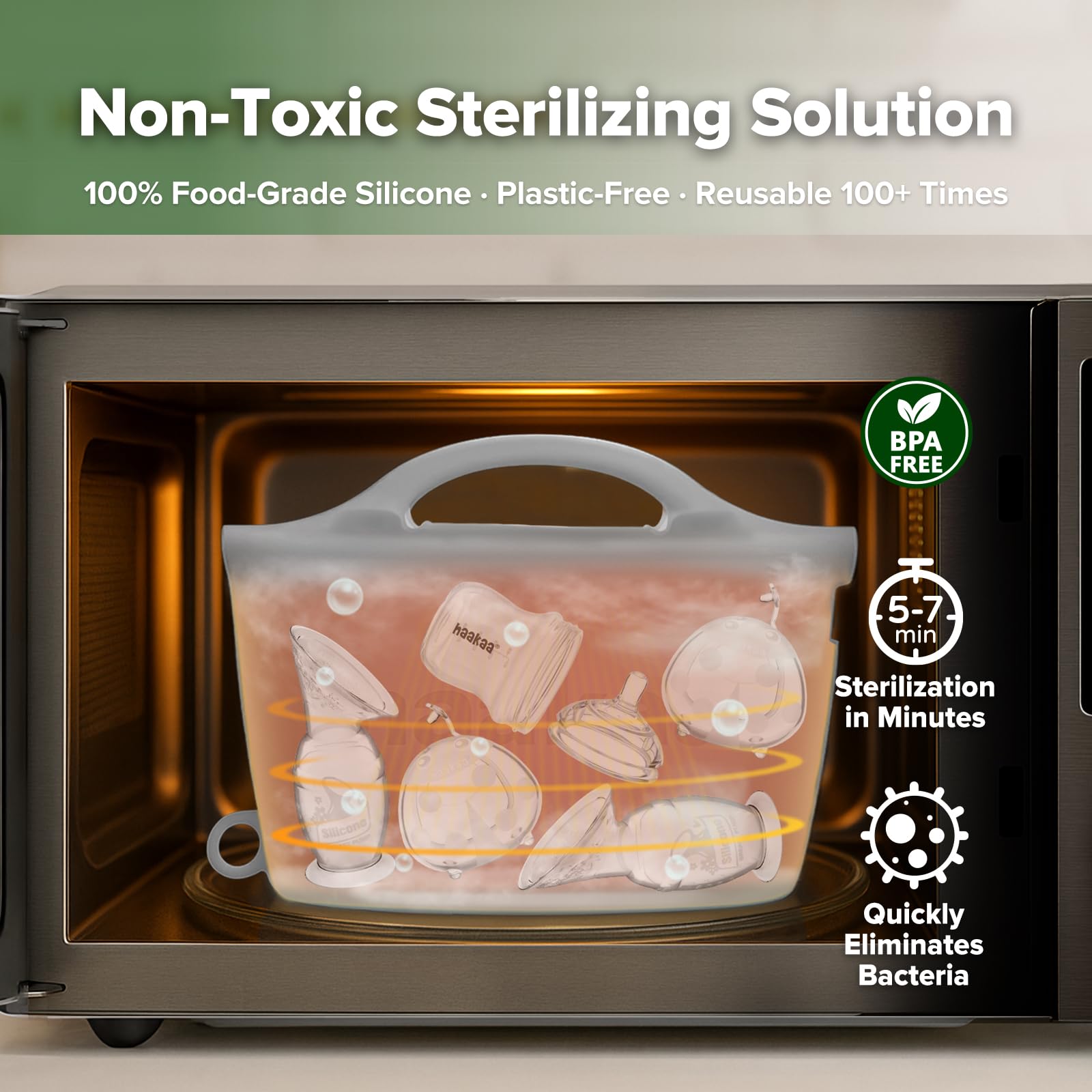 Haakaa bag top handle enables safe removal from the microwave after steaming.