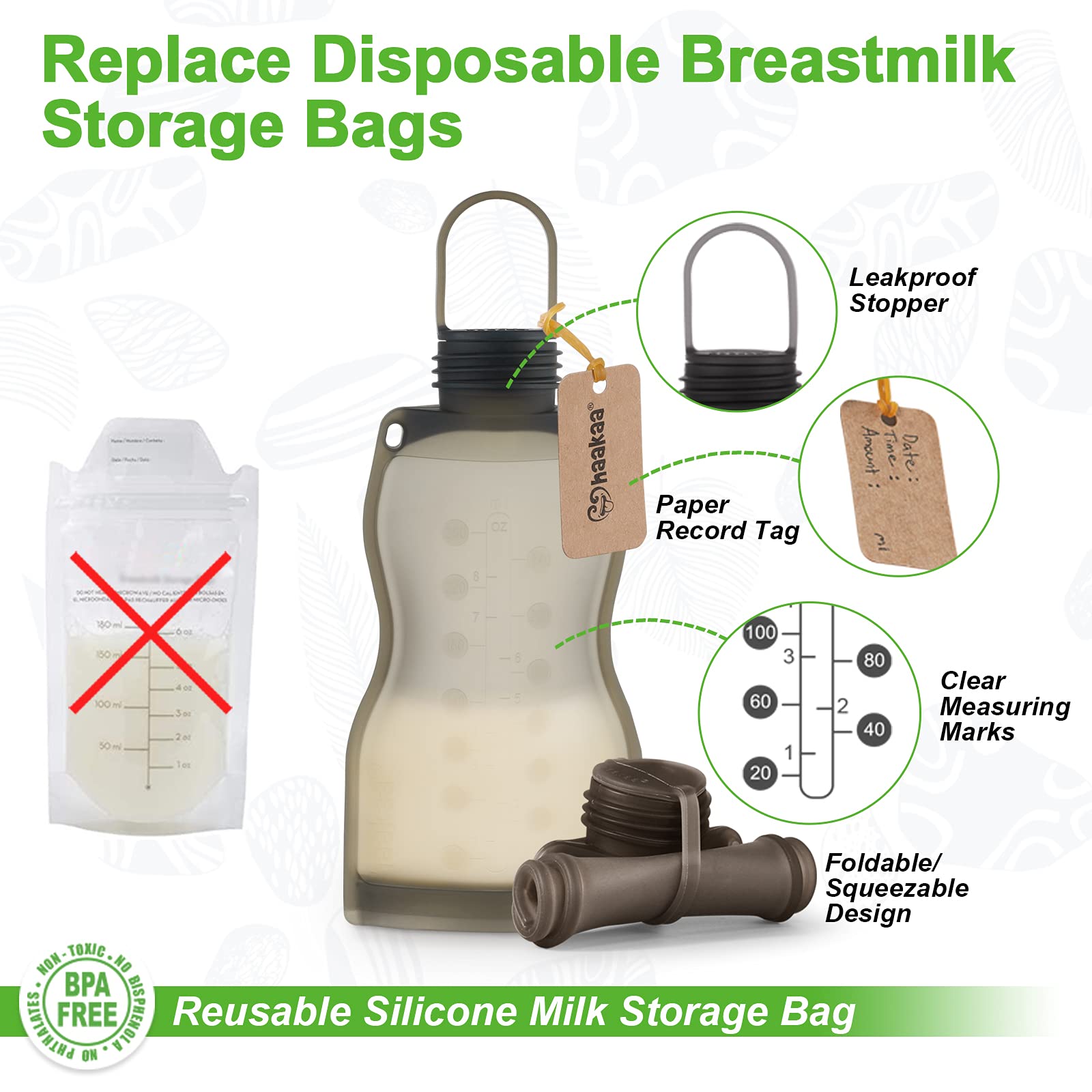 haakaa silicone milk storage bag dishwasher-safe—easy cleaning after use.