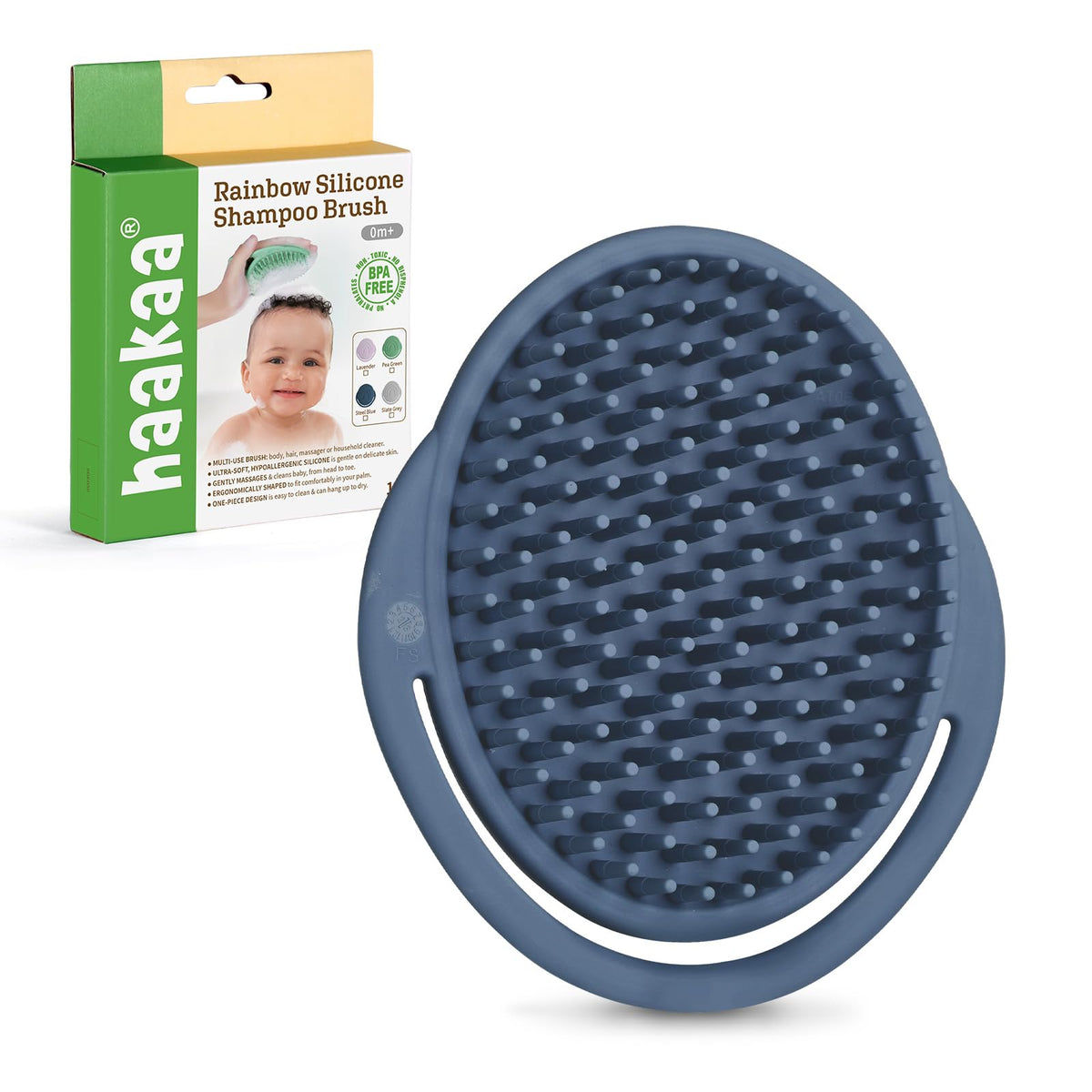 haakaa silicone shampoo brush with steel blue handle for gentle hair washing