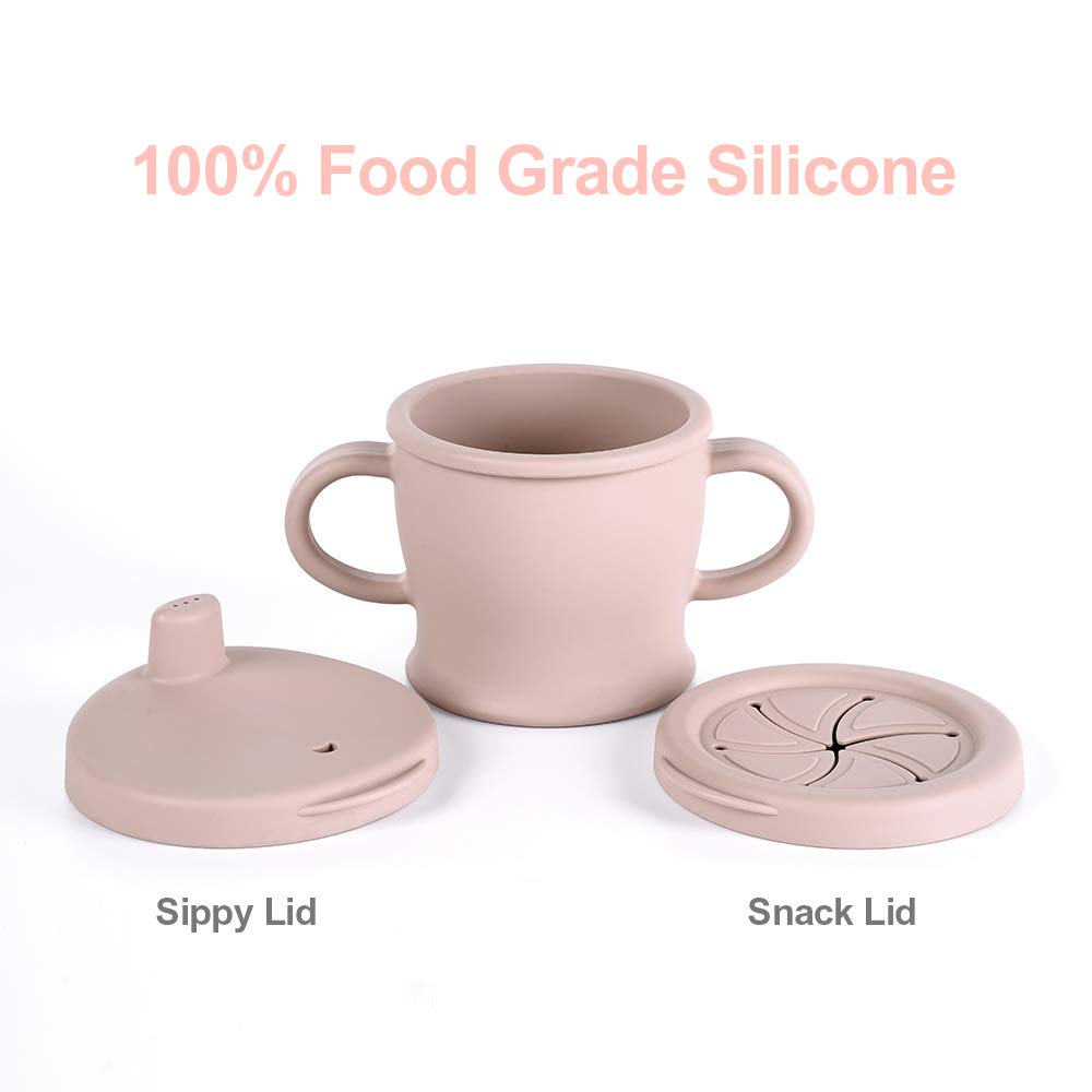 haakaa sip-n-snack cup with two lids demonstrates 2-in-1 design for snacks and sips