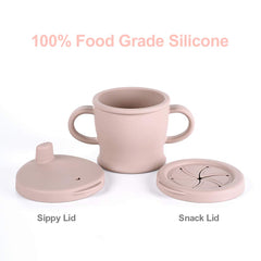 haakaa sip-n-snack cup with two lids demonstrates 2-in-1 design for snacks and sips