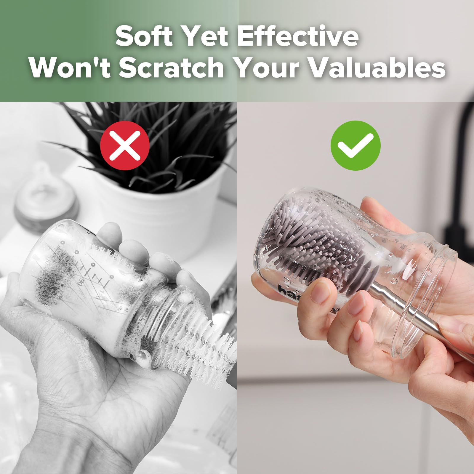 Haakaa soft silicone brush heads are BPA-free and gentle on containers.