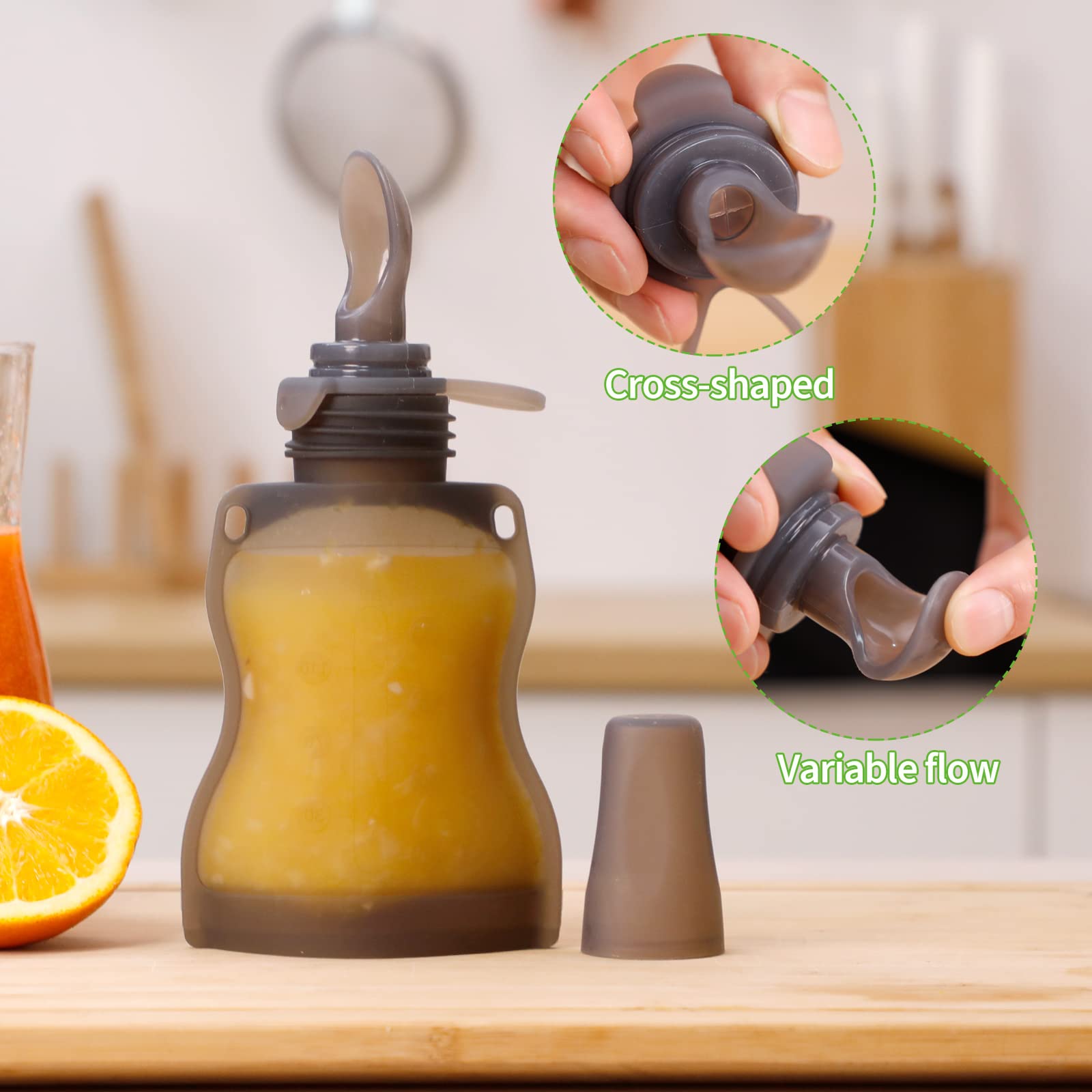 Haakaa squeeze feeder with adjustable flow promotes age-appropriate feeding speeds.