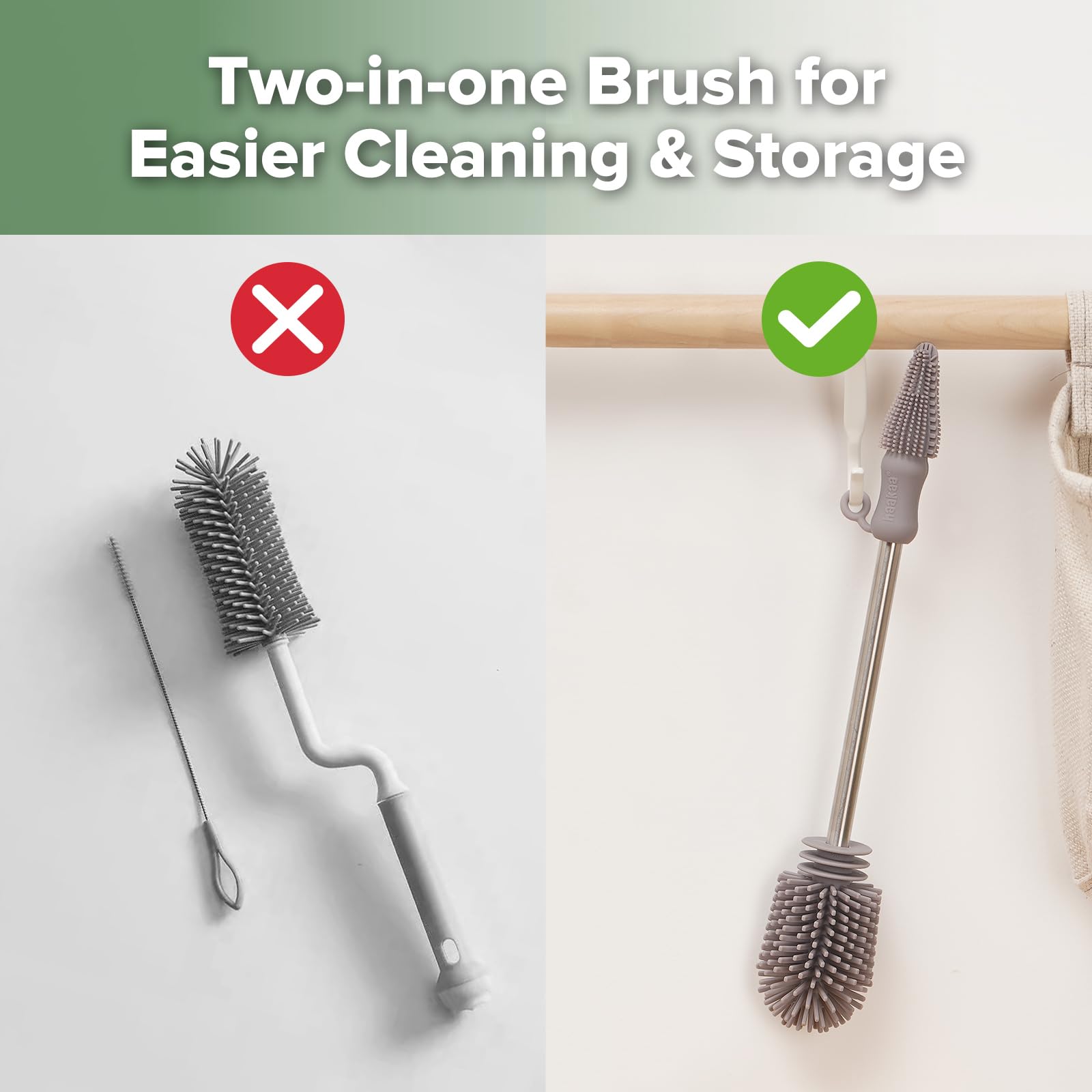 Haakaa stainless steel handle provides a sturdy grip during scrubbing.