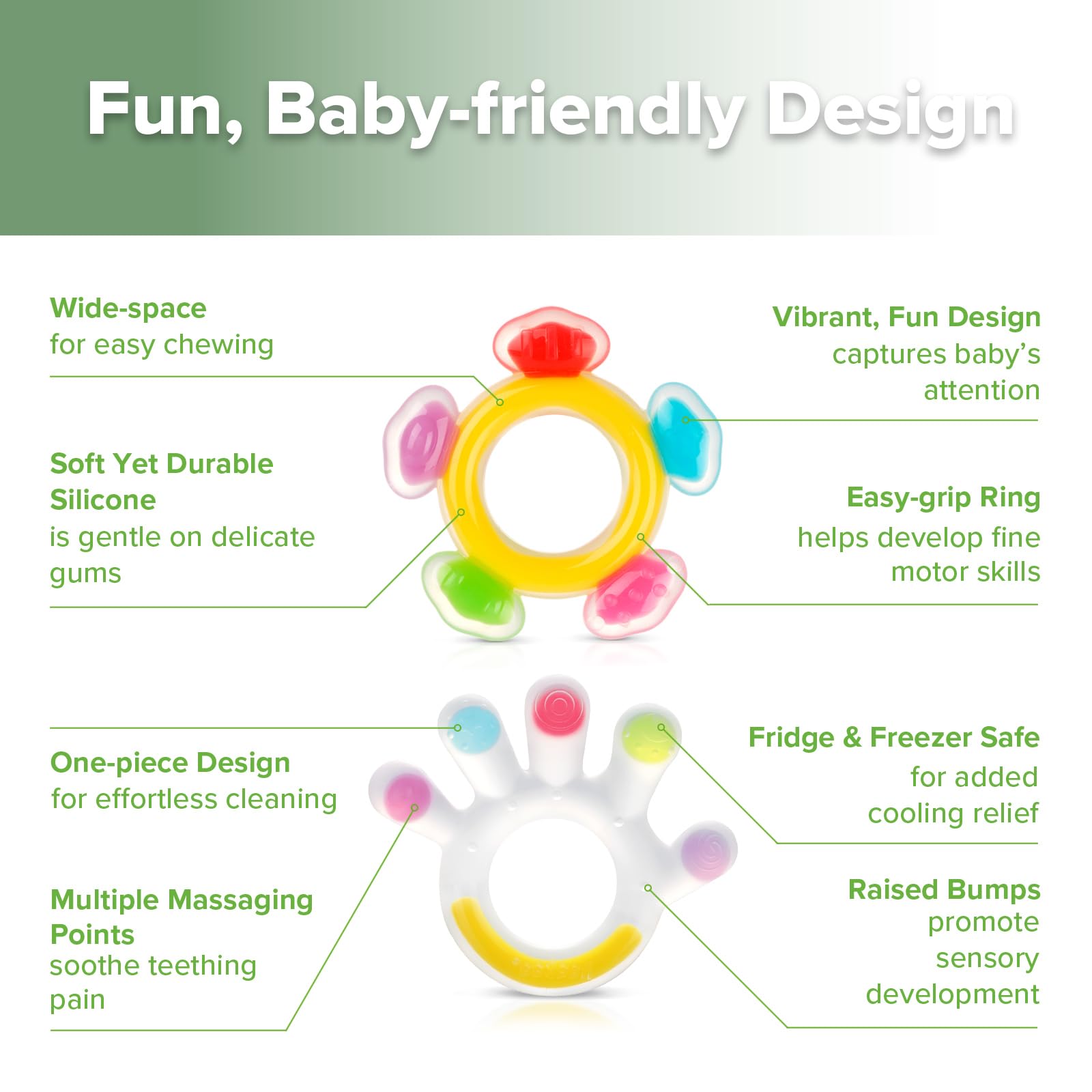 Haakaa teether baby hand-grip; easy-to-hold for tiny hands.