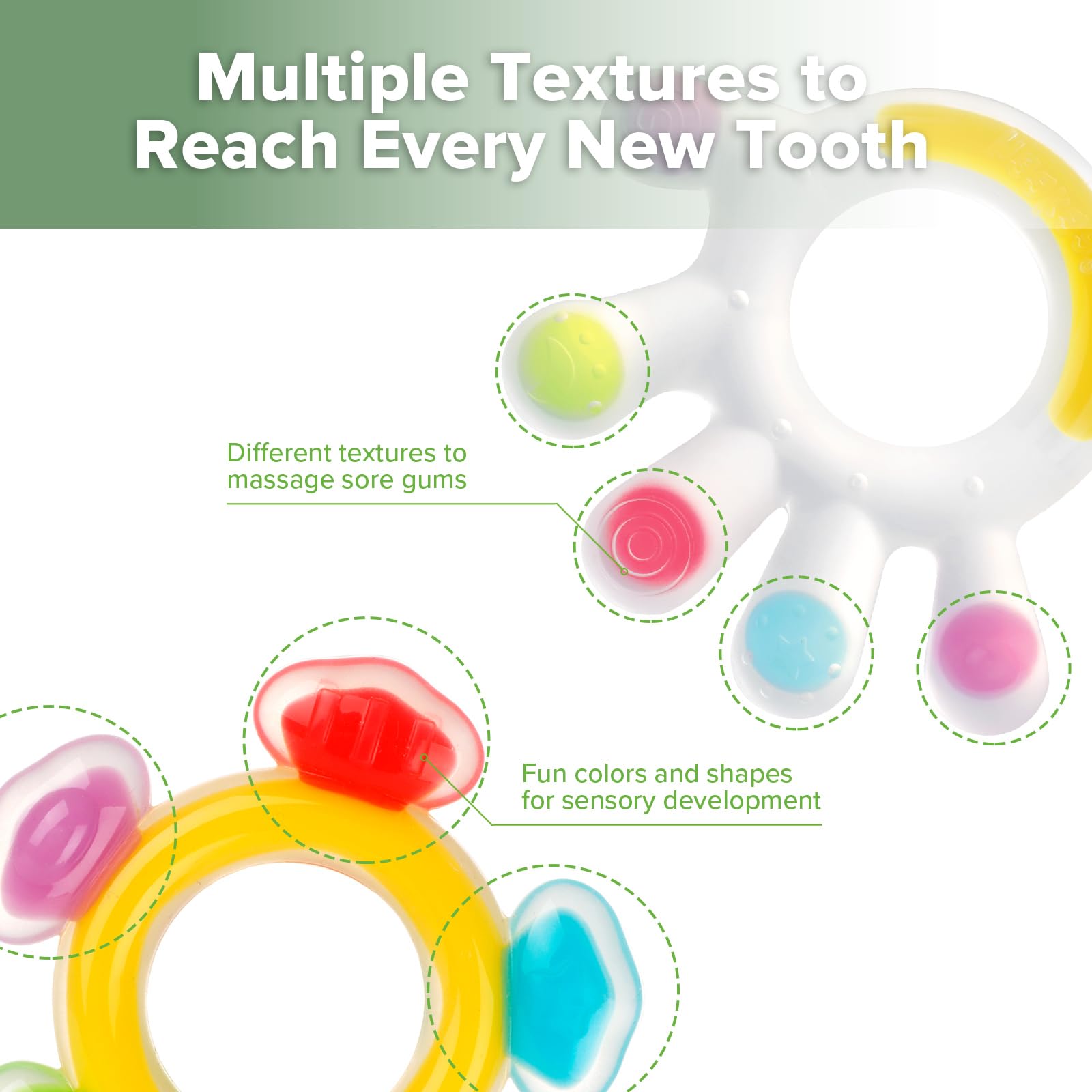 Haakaa teether set colorful; eye-catching colors support sensory exploration.