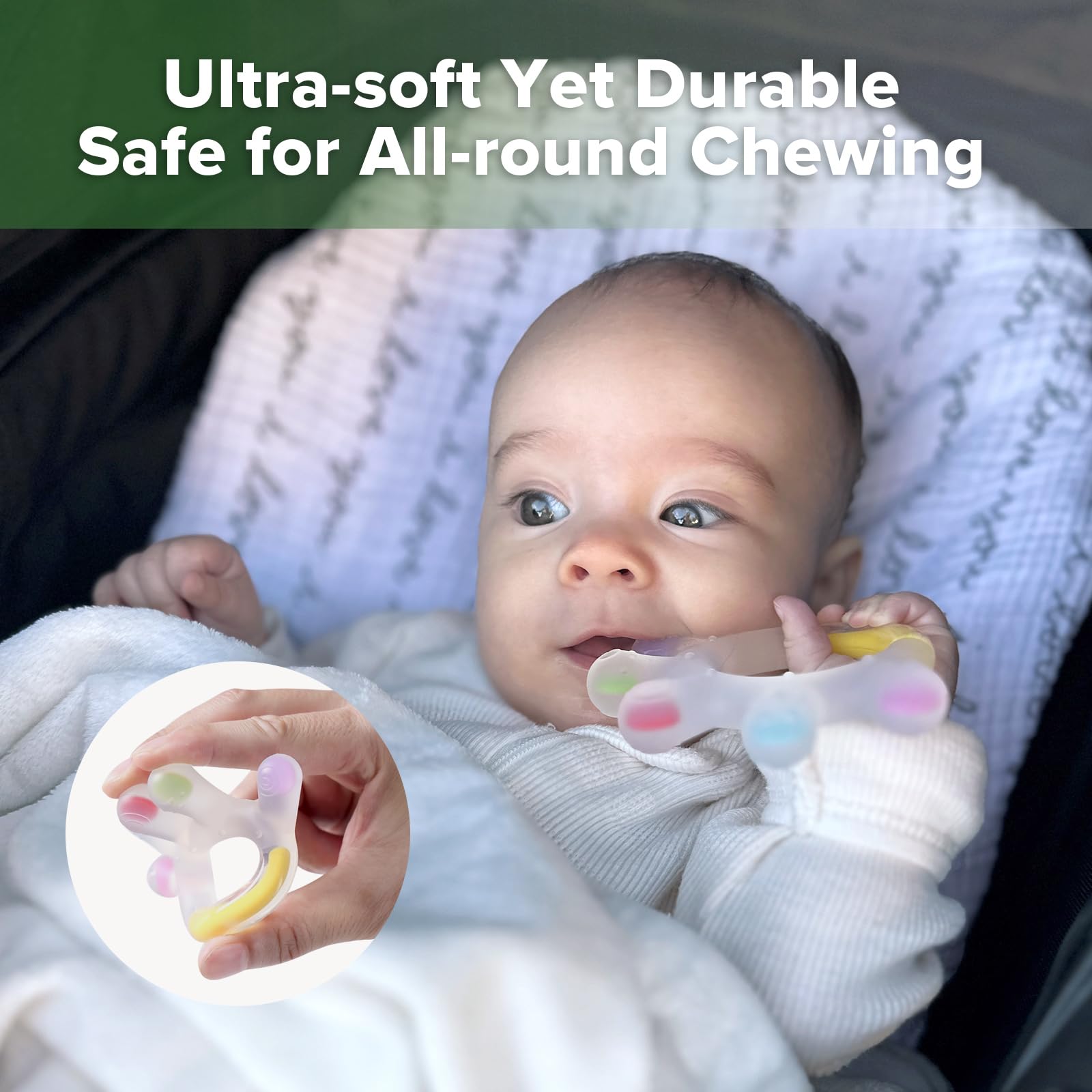 Haakaa teether soft-silicone texture; gentle chew for comfort.