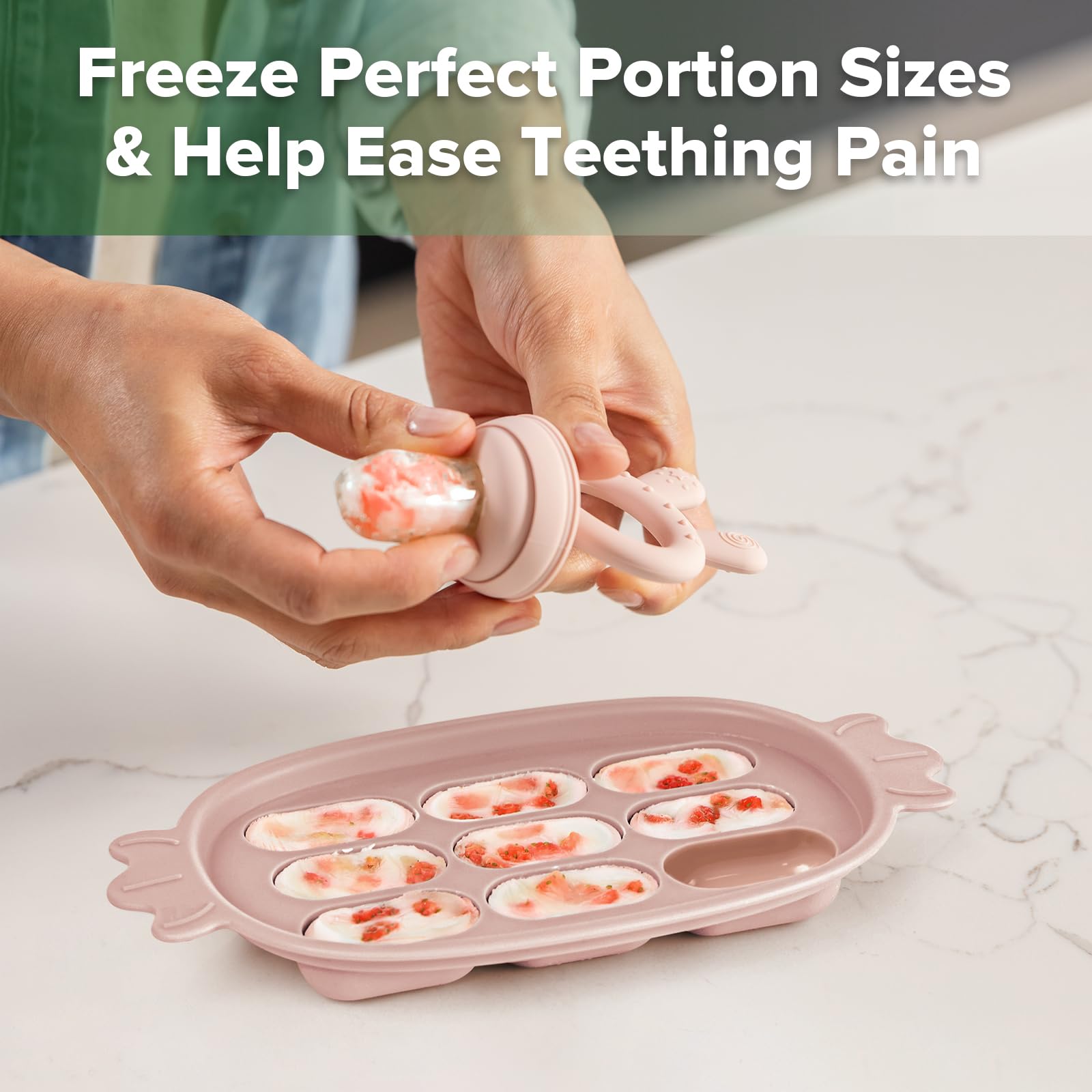 Haakaa teething bunny ears feeder, textured design supports early motor skills.