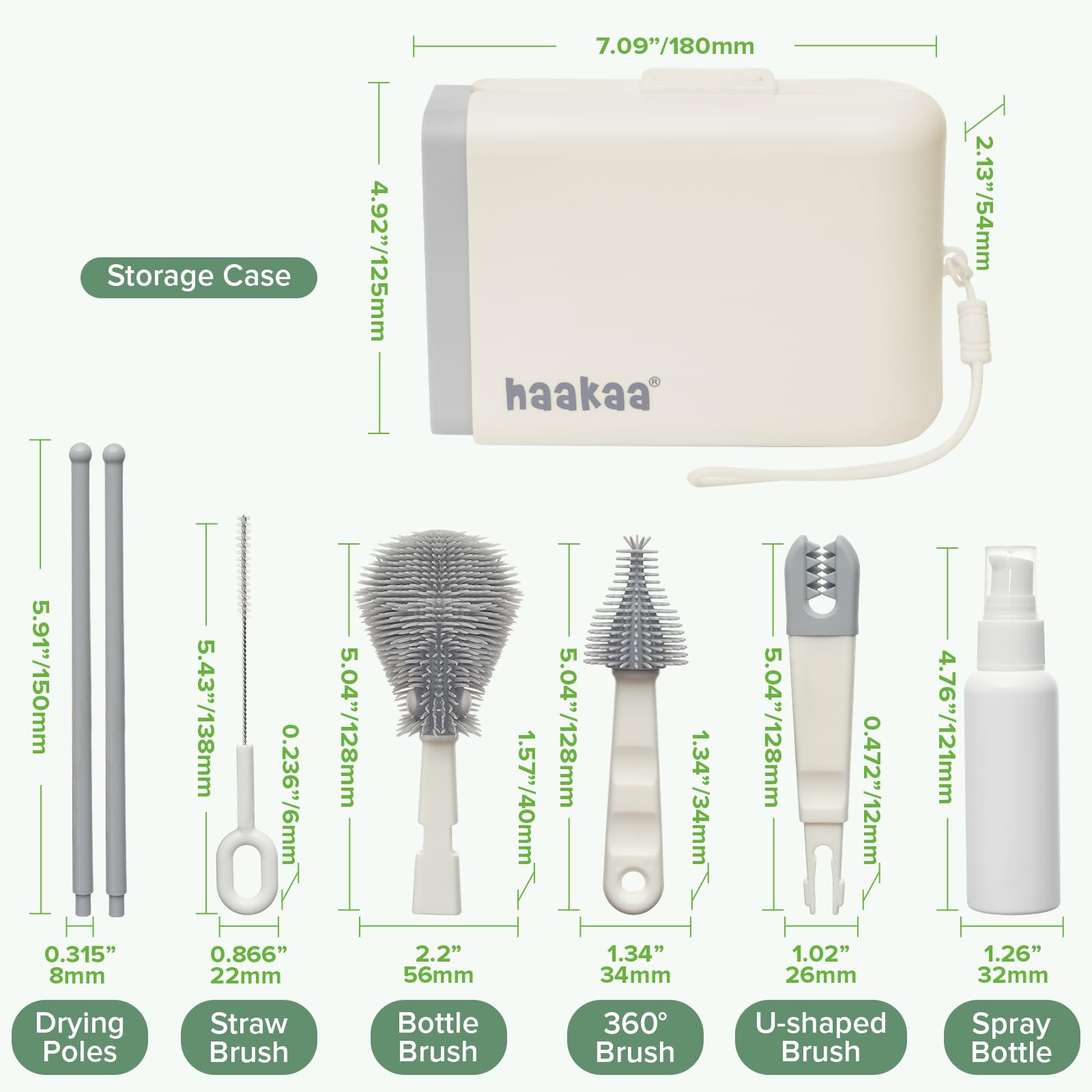 haakaa Travel Bottle Brush Set cleaning-kit-closeup highlights safe, BPA-free materials for everyday use.