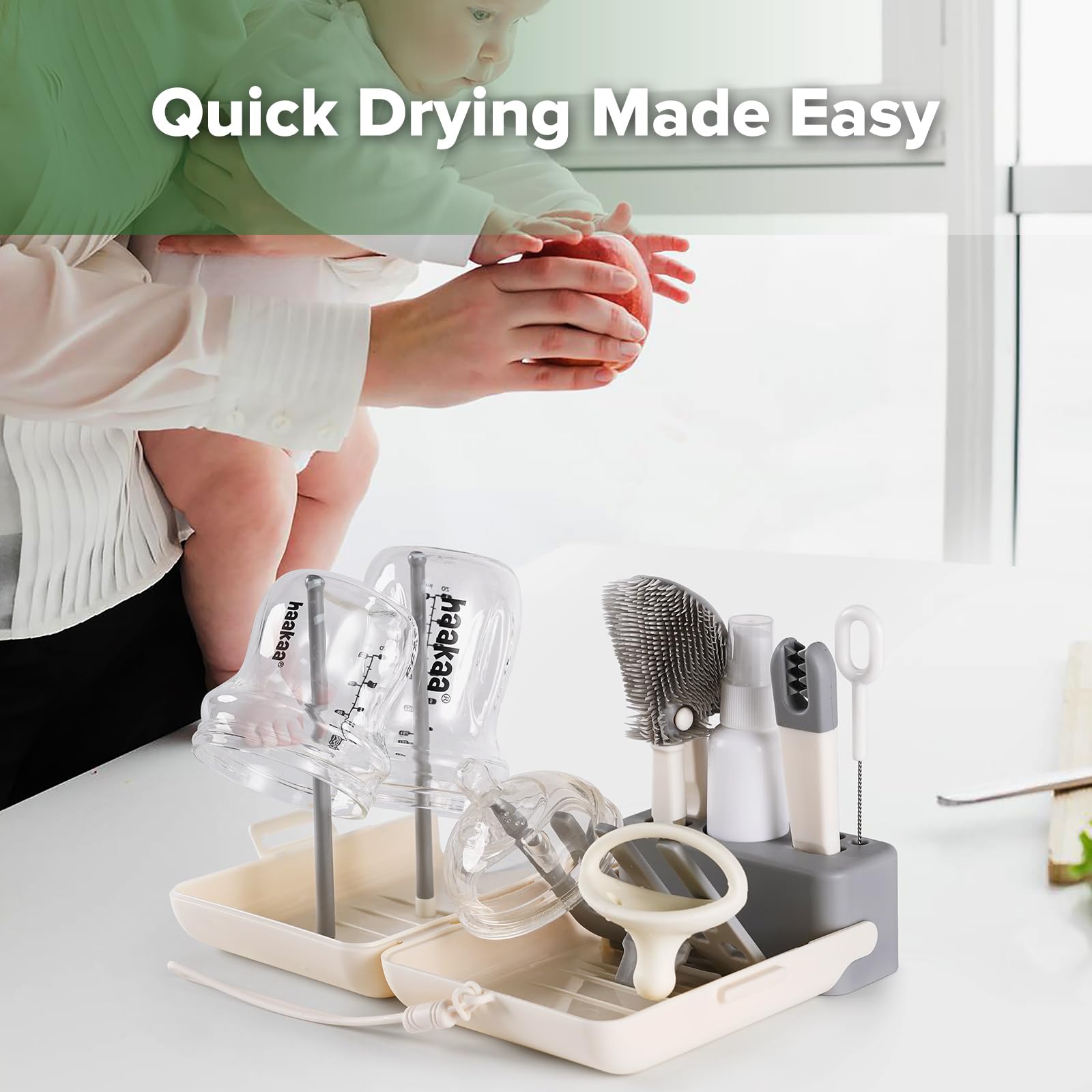 haakaa Travel Bottle Brush Set drying-rack doubles as compact air-drying station in hotel kitchens.