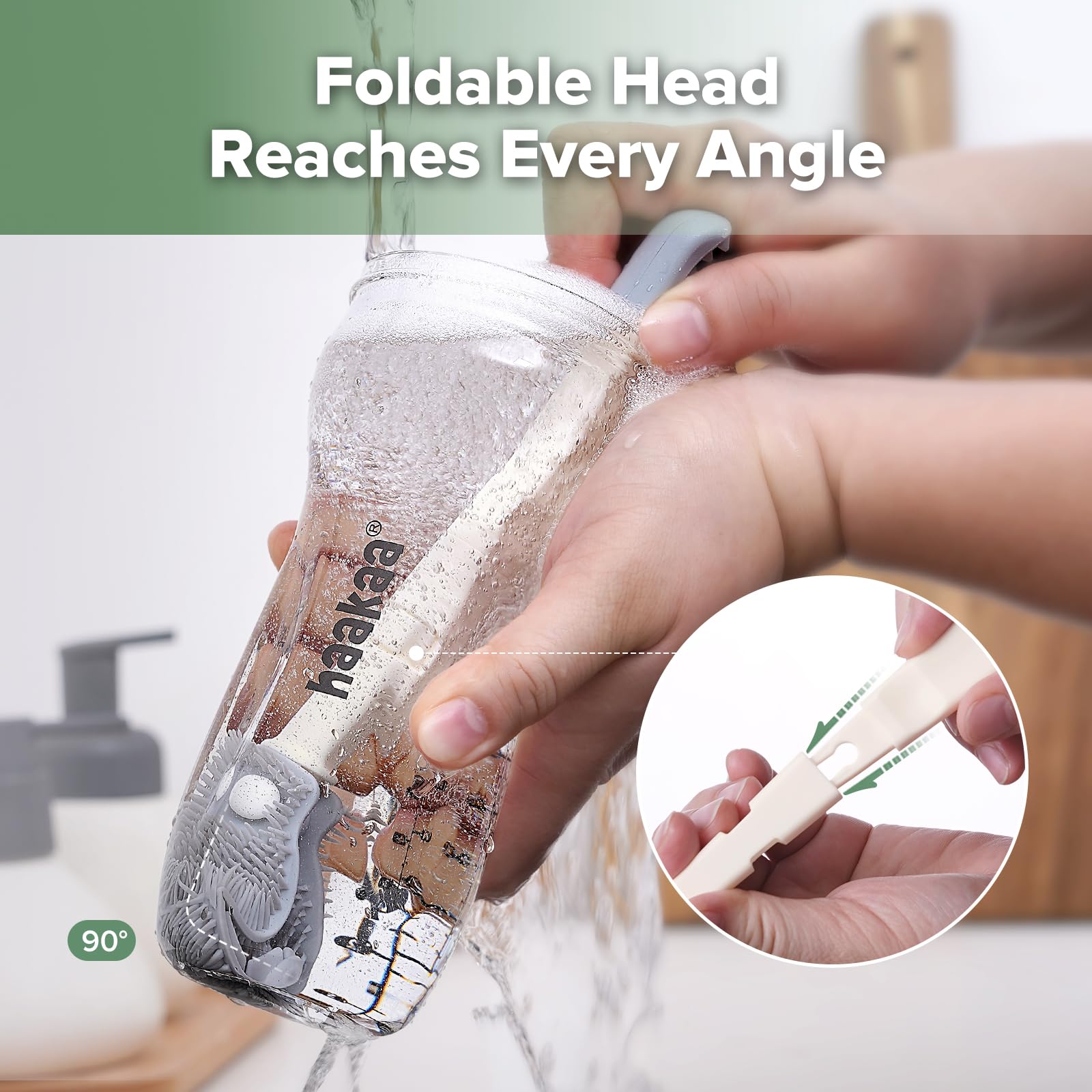 haakaa Travel Bottle Brush Set refillable-soap-dispenser keeps soap handy for quick cleaning on trips.
