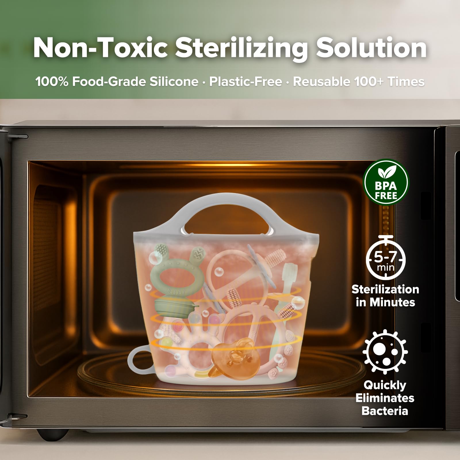Haakaa steamer bag sterilizing a teether anywhere