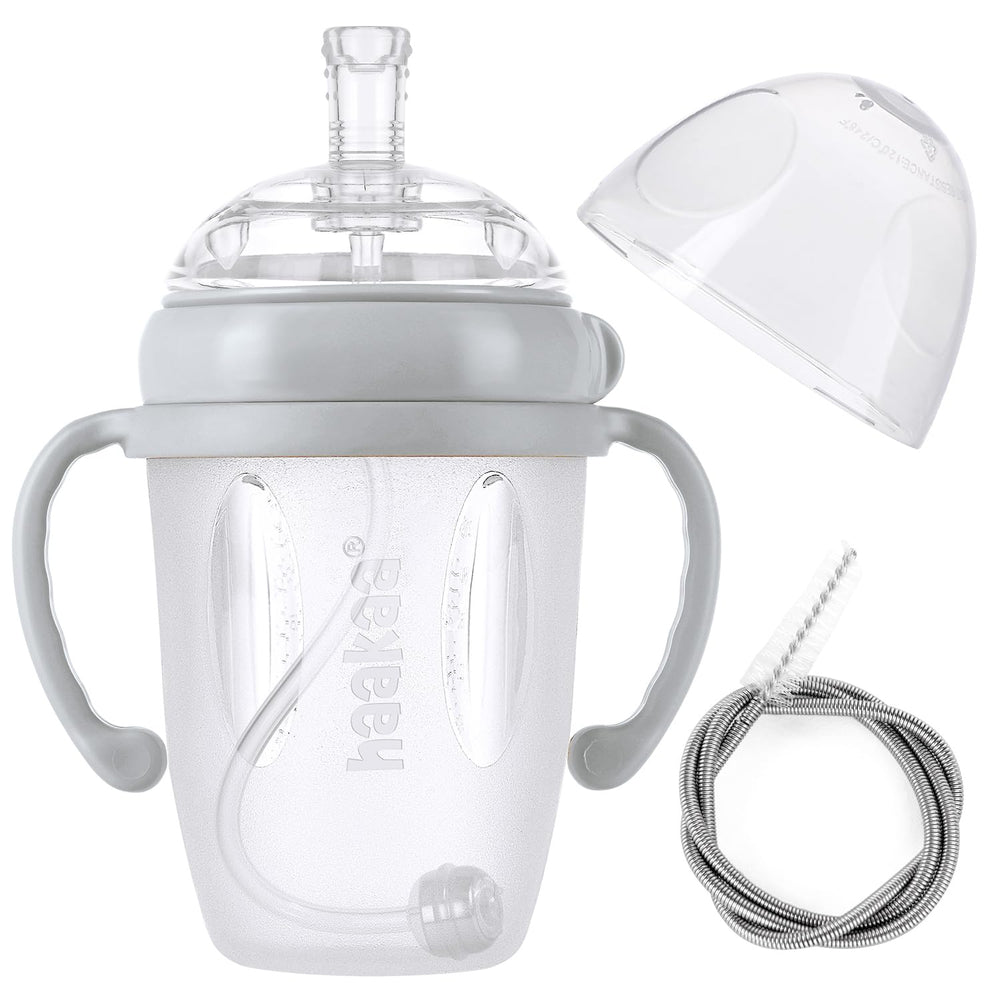 haakaa weighted straw sippy cup grey handle; easy-grip for small hands and independent sipping.