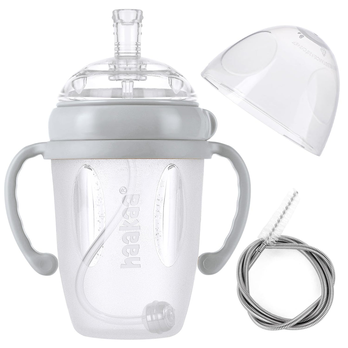 haakaa weighted straw sippy cup grey handle; easy-grip for small hands and independent sipping.