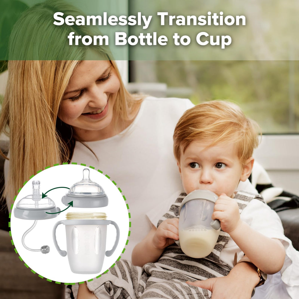 haakaa weighted straw sippy cup grey side view; compact design for busy on-the-go use.
