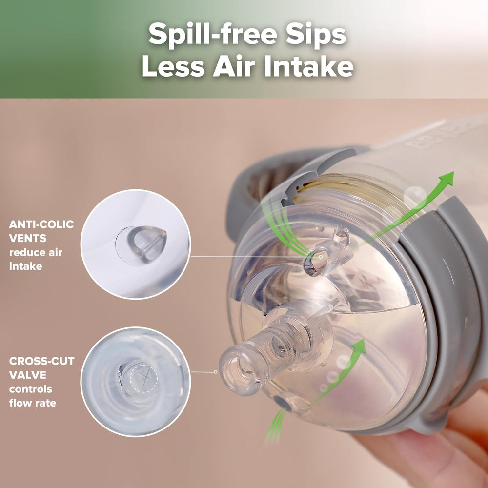 haakaa weighted straw sippy cup grey weighted-straw-bottom; moves with child for easy sipping.