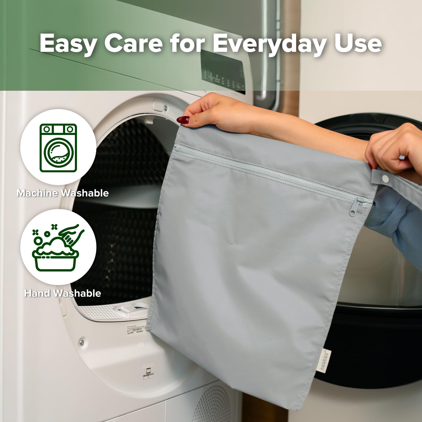 haakaa wet bag with snap handles ready to hang-dry.