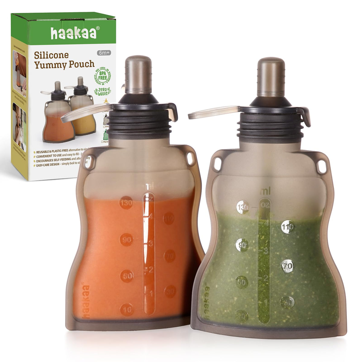 Haakaa Yummy Pouch close-up of spout and seal for easy reusable feeding.