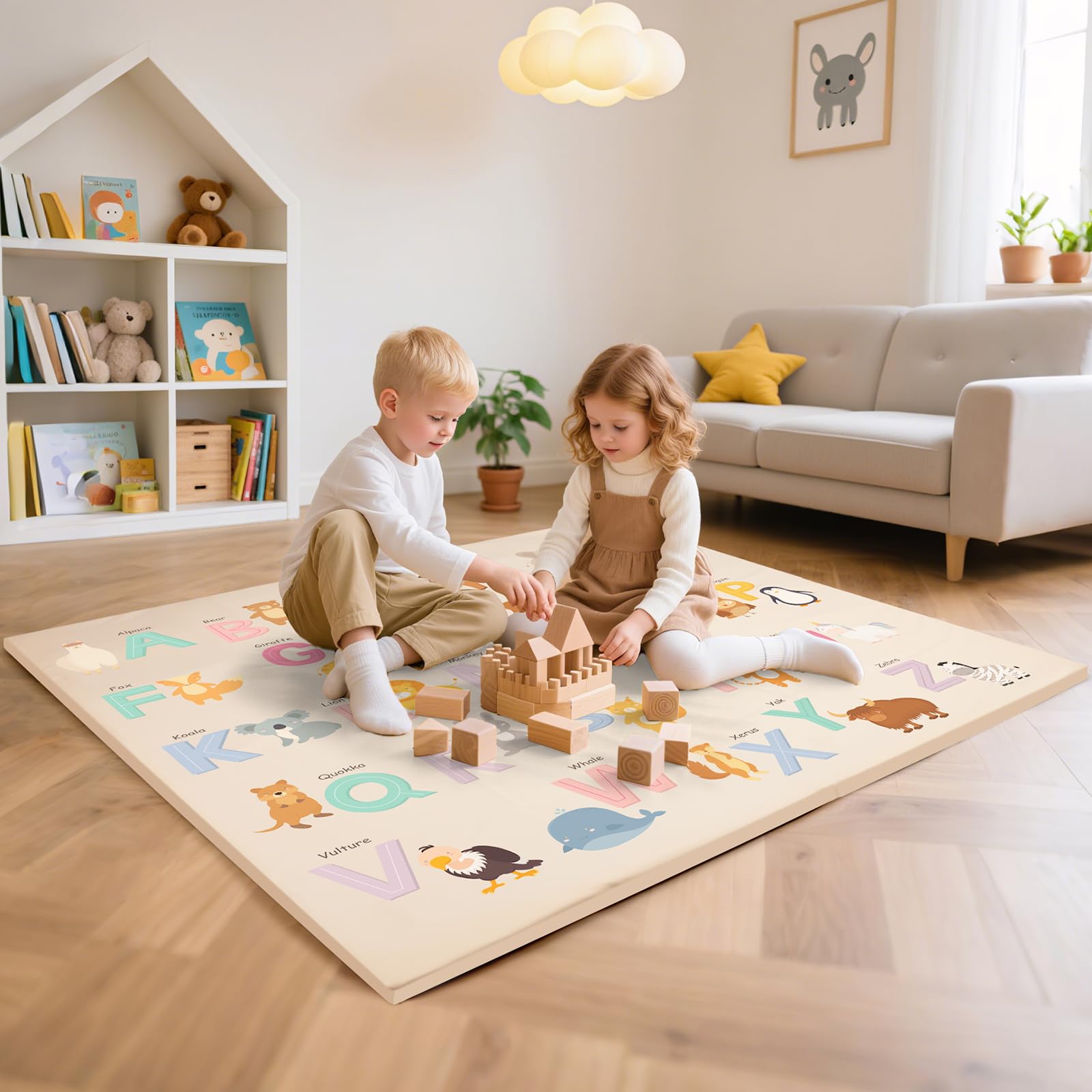 Haavookix 59x59 inch baby mat laid flat for a spacious cushioned play area.