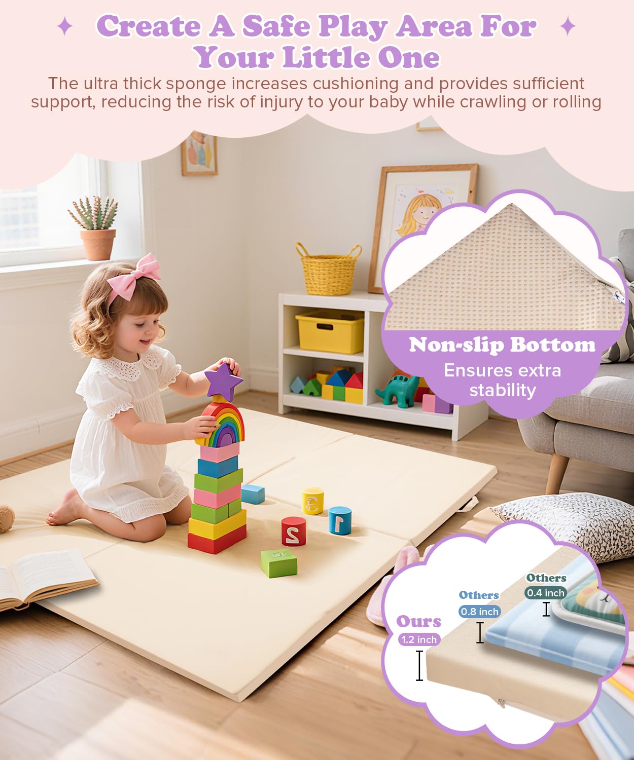 Haavookix baby play mat open foam padding demonstrates generous crawling space for curious infants.