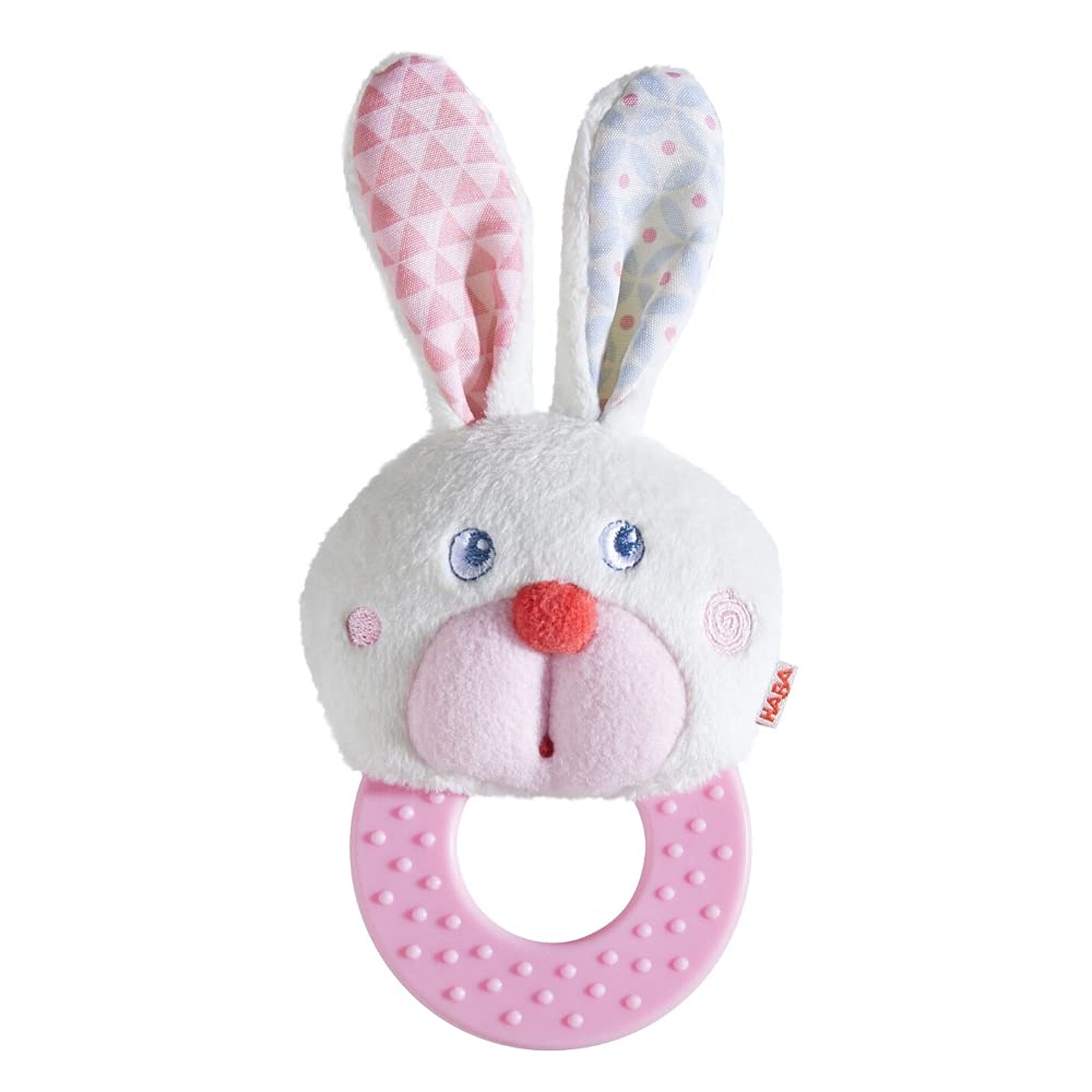 HABA Bunny Teether with dimpled ring eases teething discomfort.