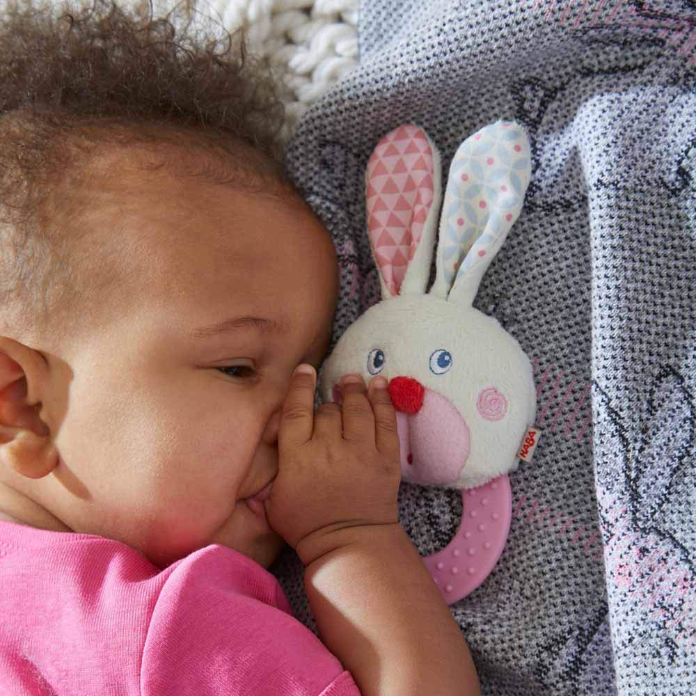 HABA Bunny Teether lightweight design fits tiny hands for easy grasping.